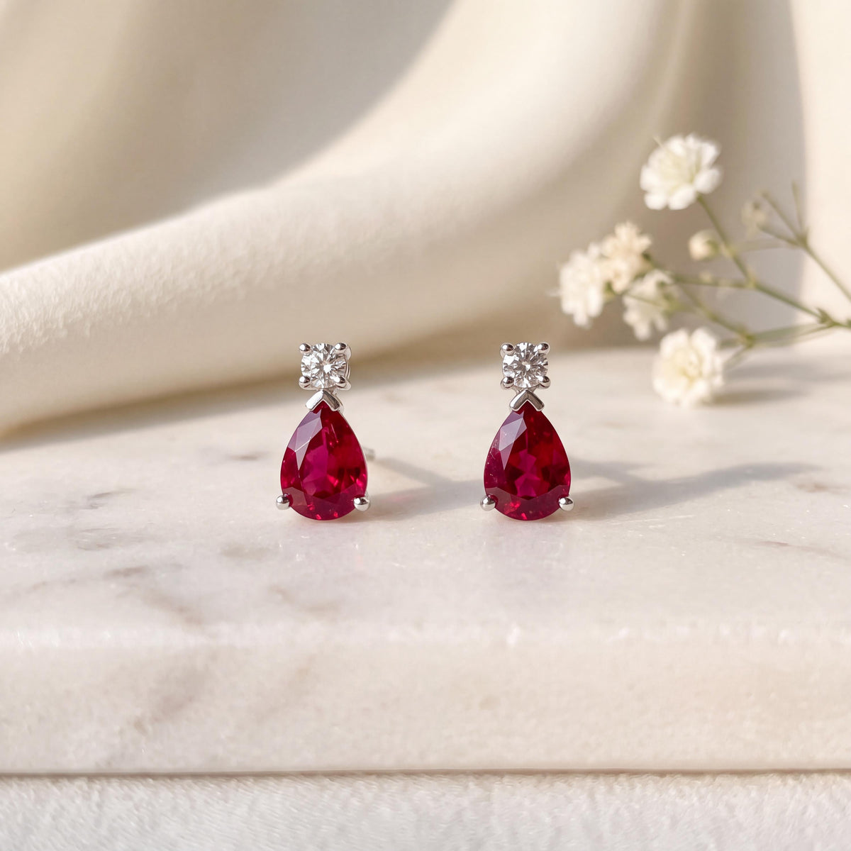 14k Solid Gold Ruby Diamond Teardrop Stud Earrings, July Birthstone Gift