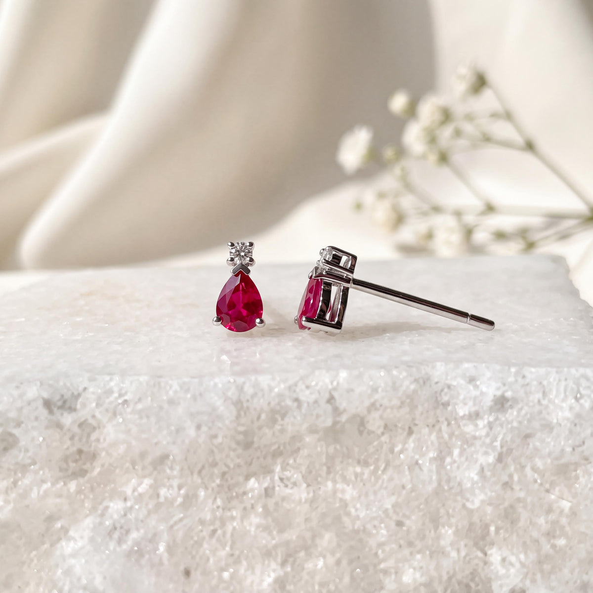 14k Solid Gold Ruby Diamond Teardrop Stud Earrings, July Birthstone Gift