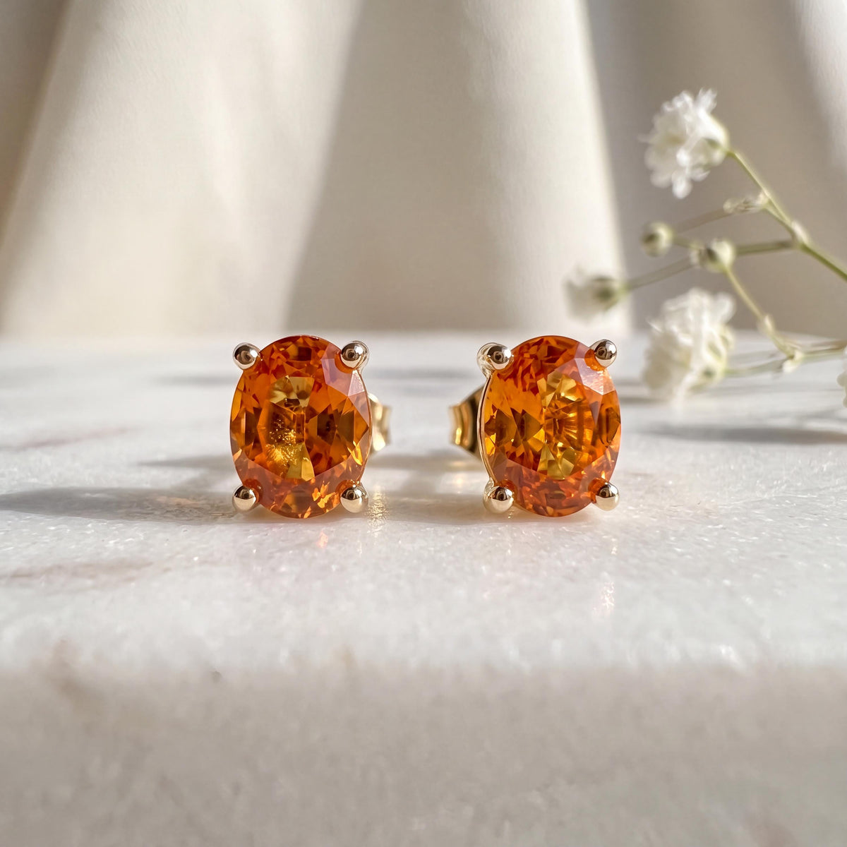 Genuine Orange Sapphire Oval Cut Solitaire Stud Earrings, 14k or 18k Solid Gold, September Birthstone