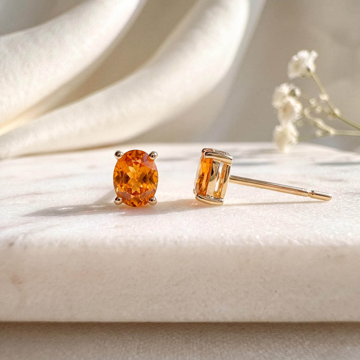 Genuine Orange Sapphire Oval Cut Solitaire Stud Earrings, 14k or 18k Solid Gold, September Birthstone
