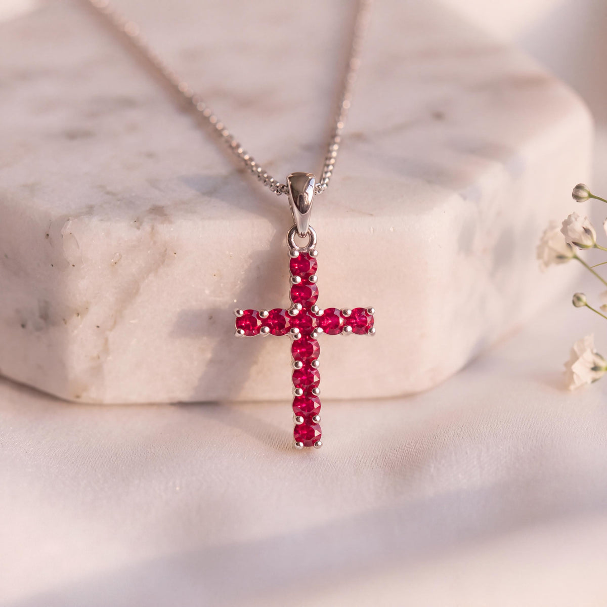 Genuine Ruby Cross Pendant, Medium, 14k Solid Gold, July Birthstone, Gift for Her
