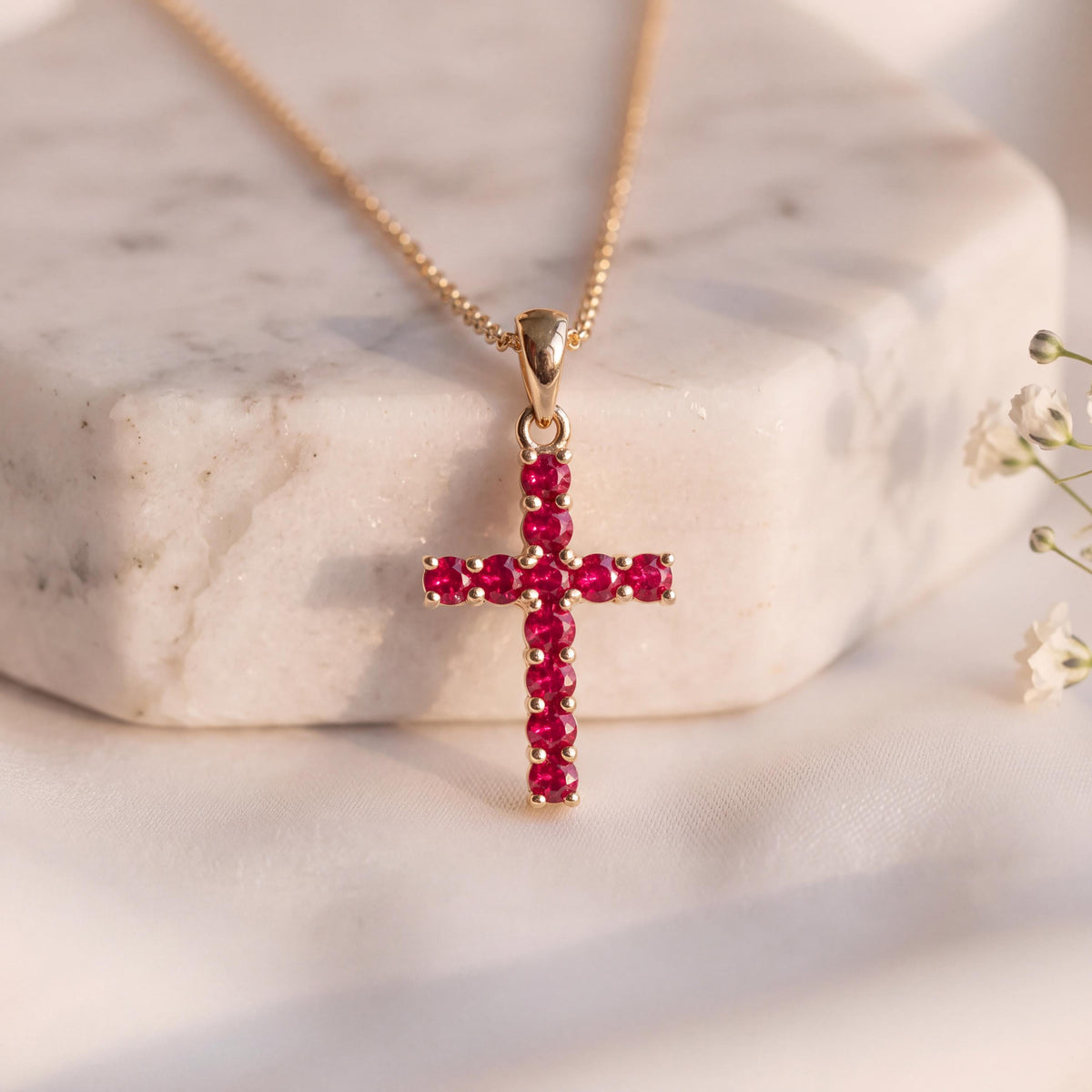 Genuine Ruby Cross Pendant, Medium, 14k Solid Gold, July Birthstone, Gift for Her