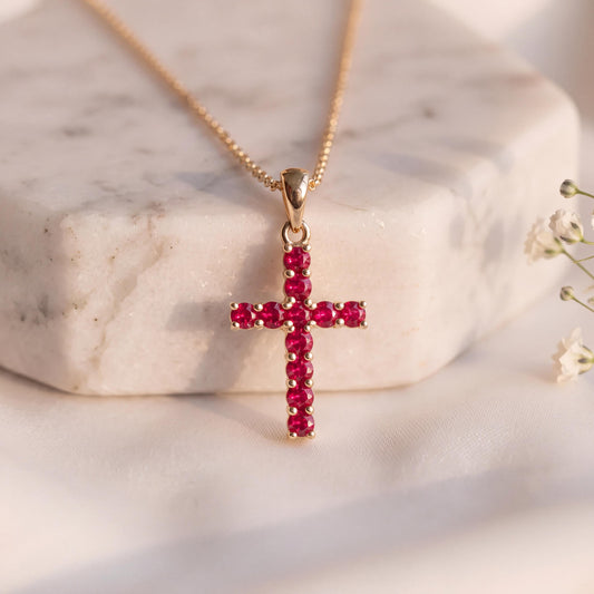 Genuine Ruby Cross Pendant, Medium, 14k Solid Gold, July Birthstone, Gift for Her