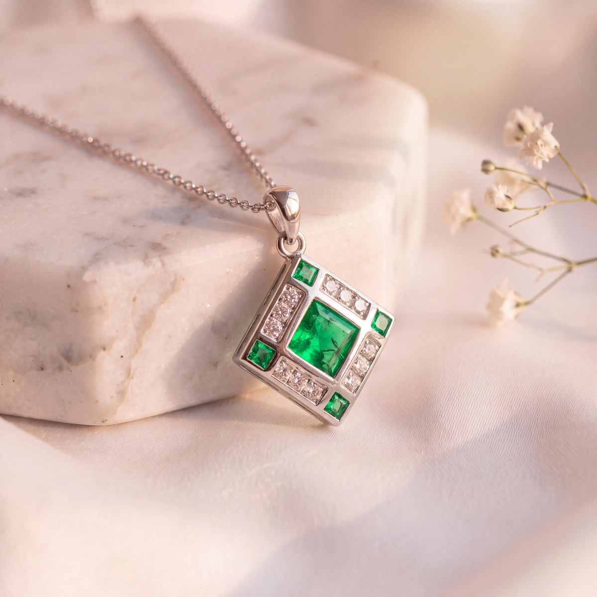 14k Solid Gold Emerald Diamond Cathedral Window Pendant, May Birthstone Jewelry