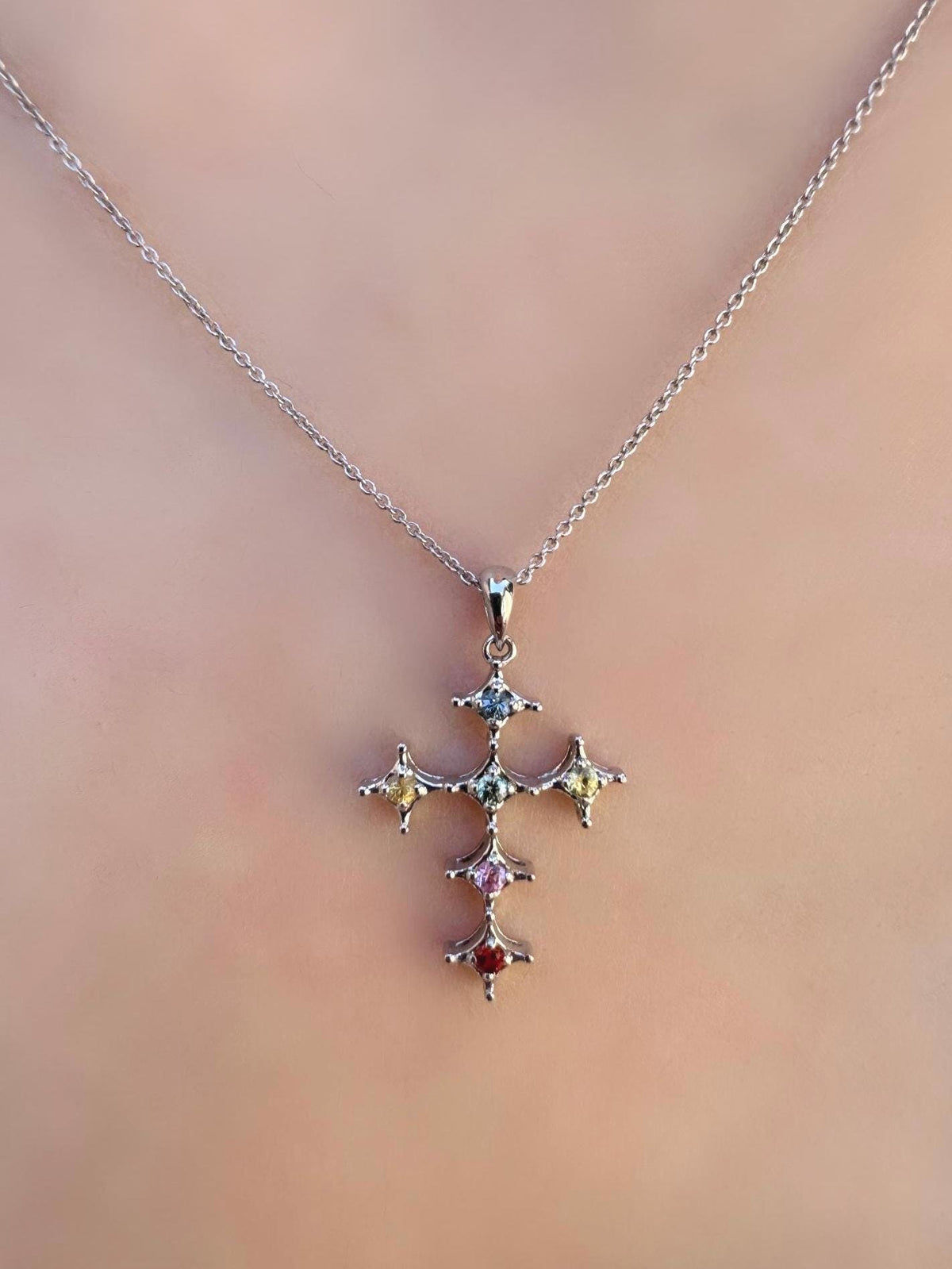 Genuine Rainbow Sapphire Cross Pendant, 18k Solid Gold, September Birthstone, Gift for Her
