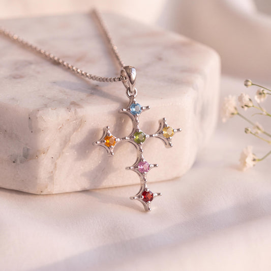 Genuine Rainbow Sapphire Cross Pendant, 18k Solid Gold, September Birthstone, Gift for Her