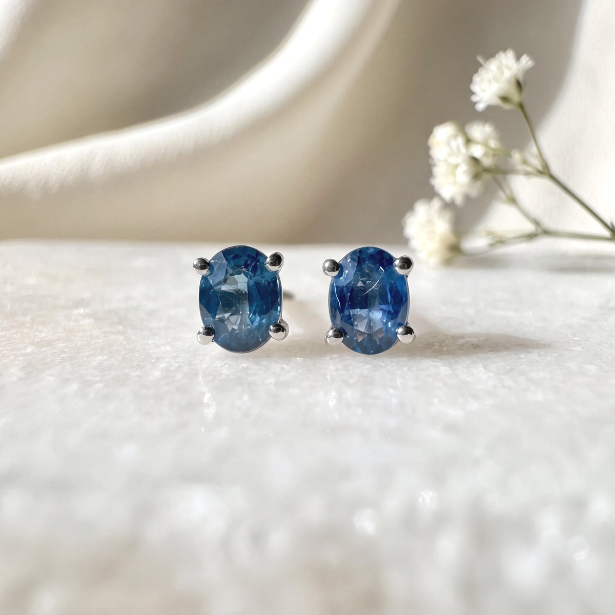 Oval Cut Ceylon Sapphire Stud Earrings, 14k Solid Gold, September Birthstone