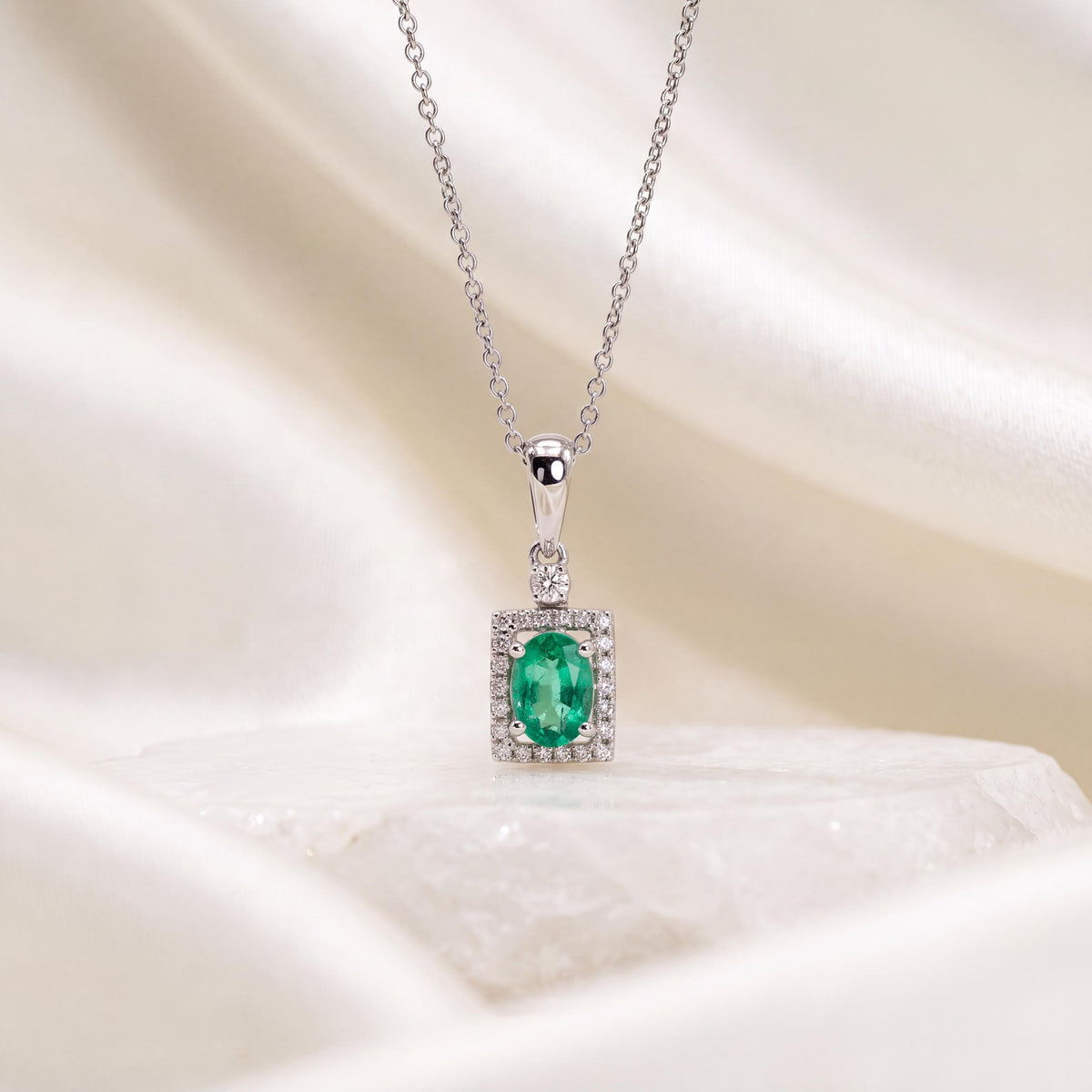 Genuine Oval Cut Emerald and Diamond Prism Pendant / 14k Solid Gold