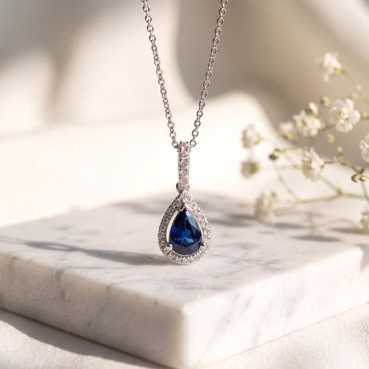 14k Solid Gold Sapphire Diamond Pear Cut Pendant, September Birthstone Jewelry