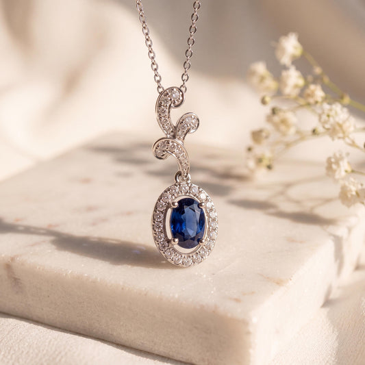 Genuine 6mm Oval Sapphire and Diamond Branch Pendant in 14k Solid Gold
