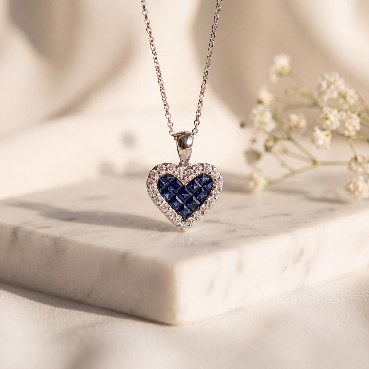 18k White Gold Sapphire Diamond Heart Pendant, September Birthstone Jewelry