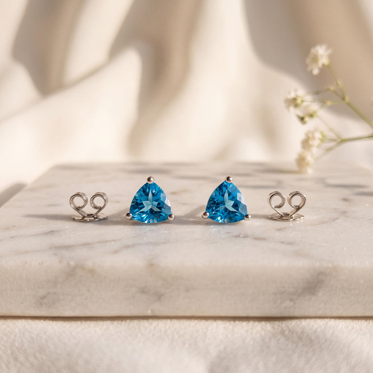 Genuine Blue Topaz Trillion Cut Stud Earrings, 14k Solid Gold, December Birthstone