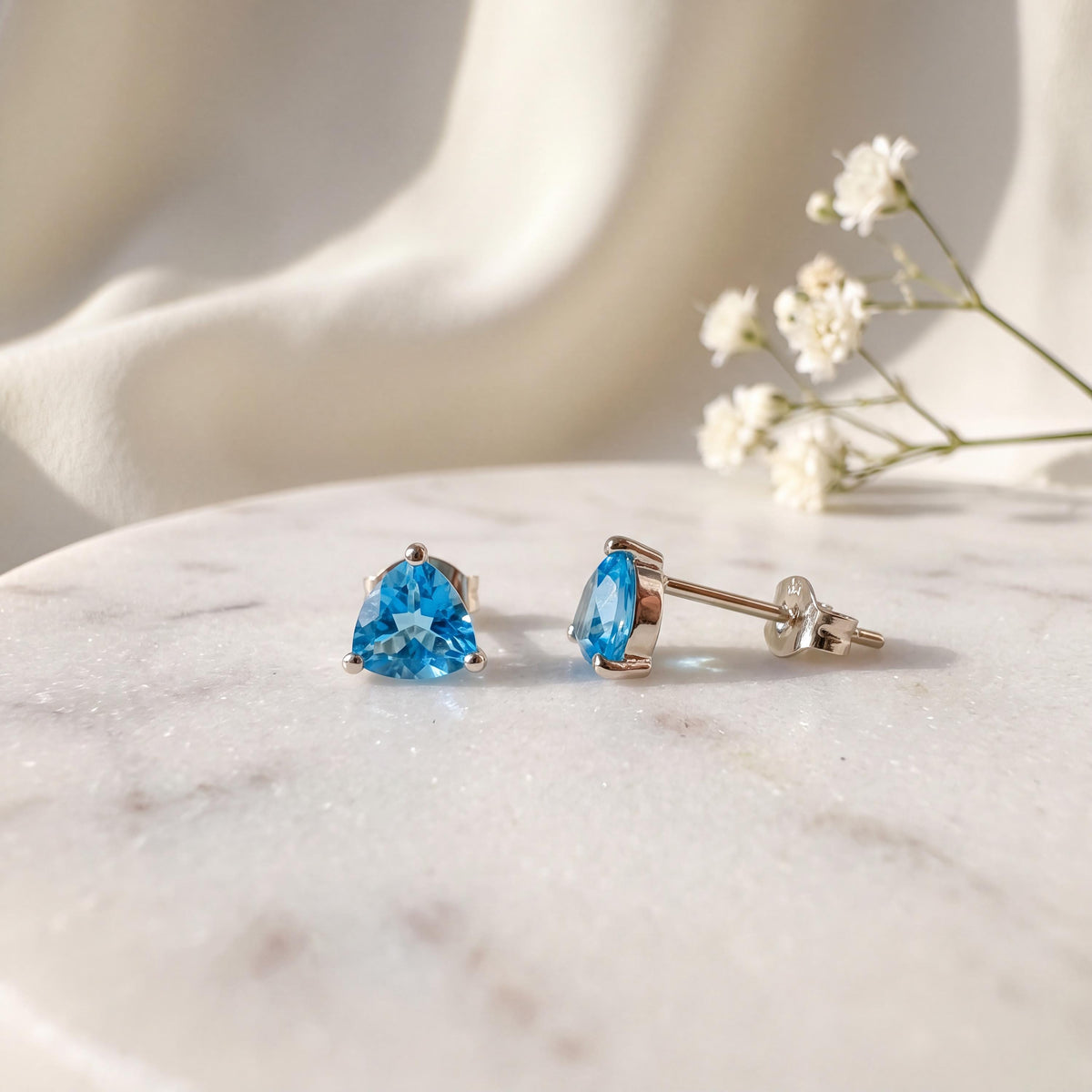 Genuine Blue Topaz Trillion Cut Stud Earrings, 14k Solid Gold, December Birthstone