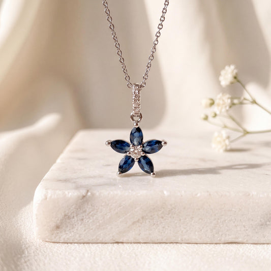 Genuine Sapphire and Diamond Flower Pendant, 18k Solid White Gold, September Birthstone, Gift for Her