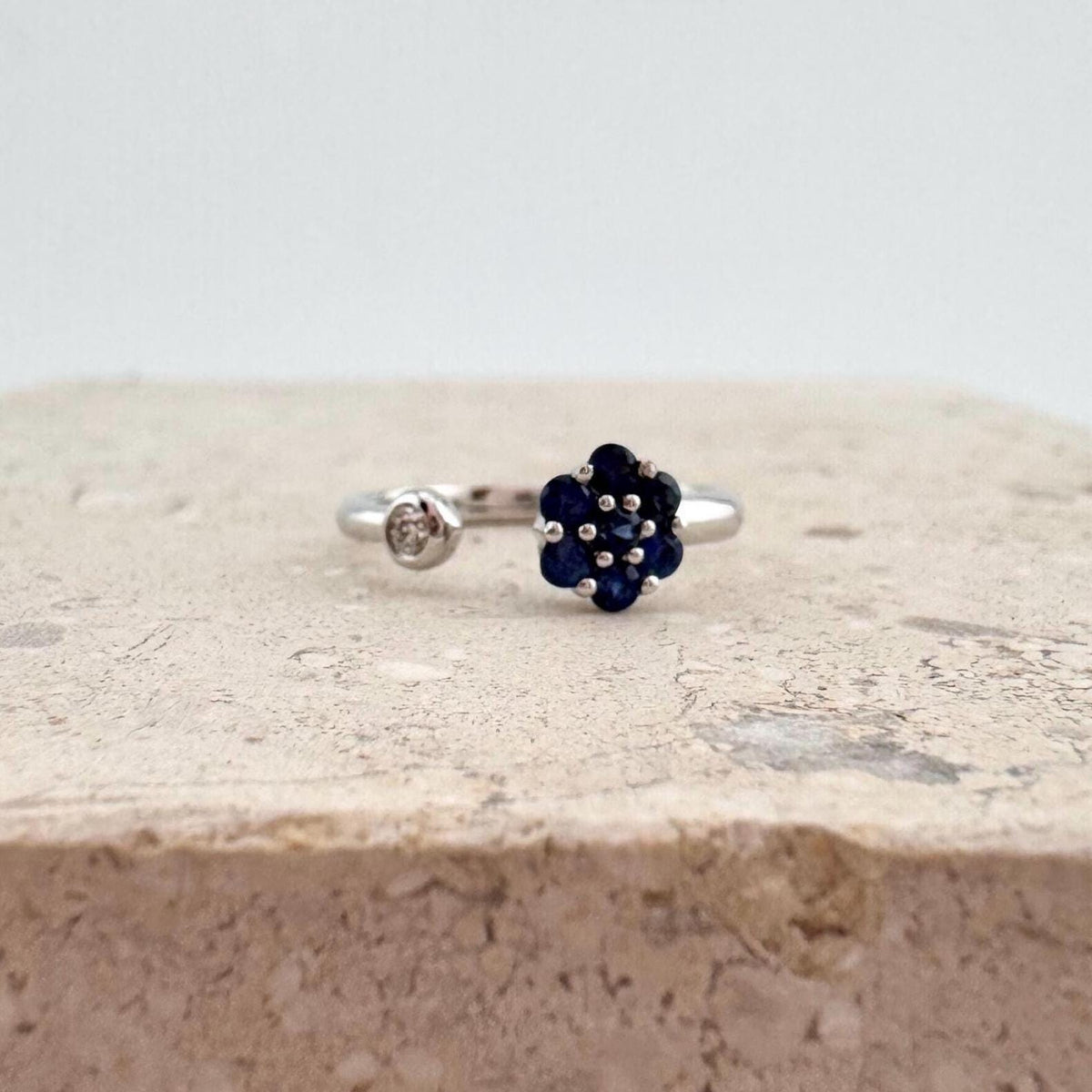 14k White Gold Sapphire Diamond Flower Ring, September Birthstone, Handcrafted Jewelry