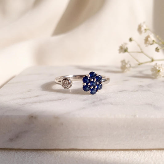 14k White Gold Sapphire Diamond Flower Ring, September Birthstone, Handcrafted Jewelry