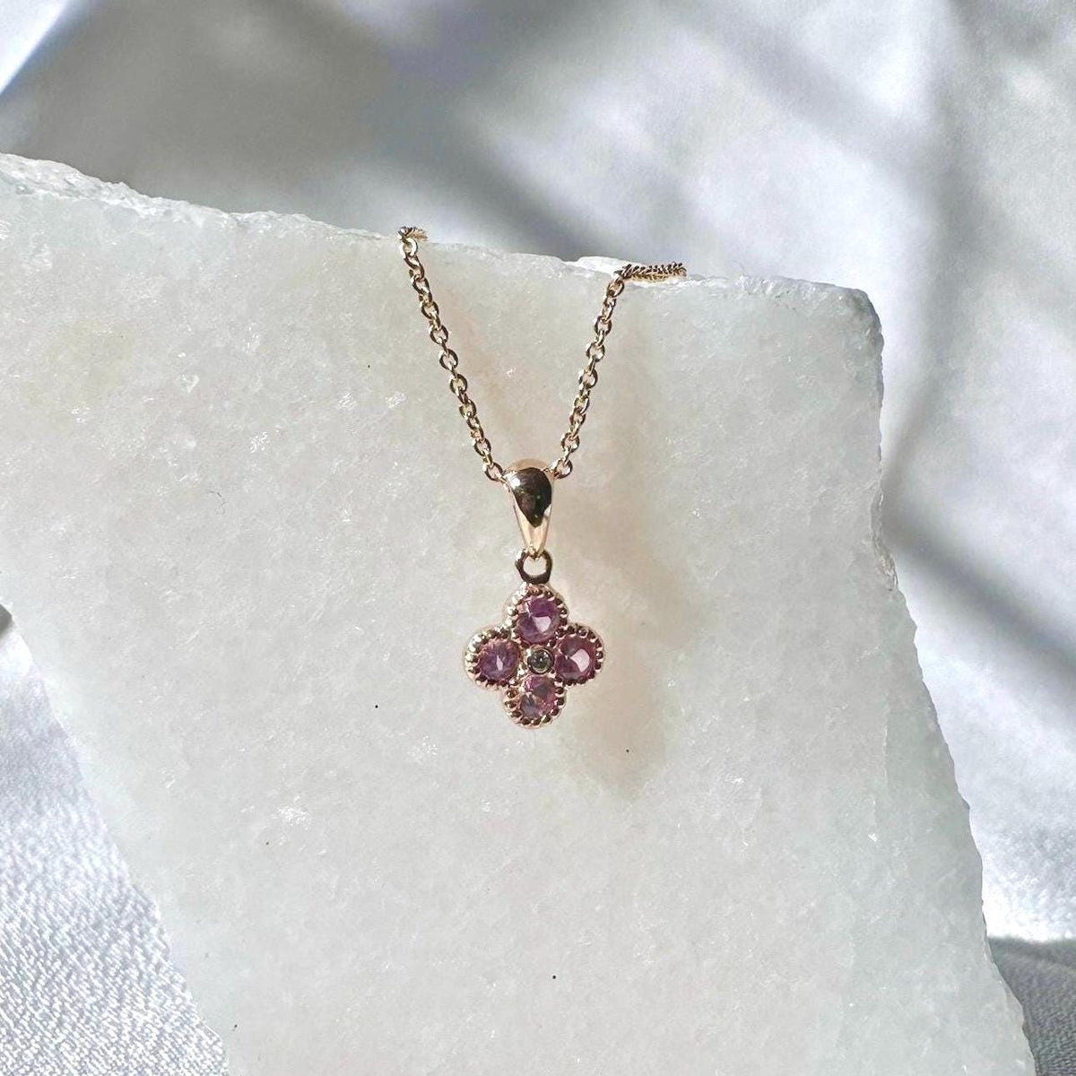 14k Solid Gold Pink Sapphire Diamond Clover Pendant, Mini, September Birthstone Jewelry