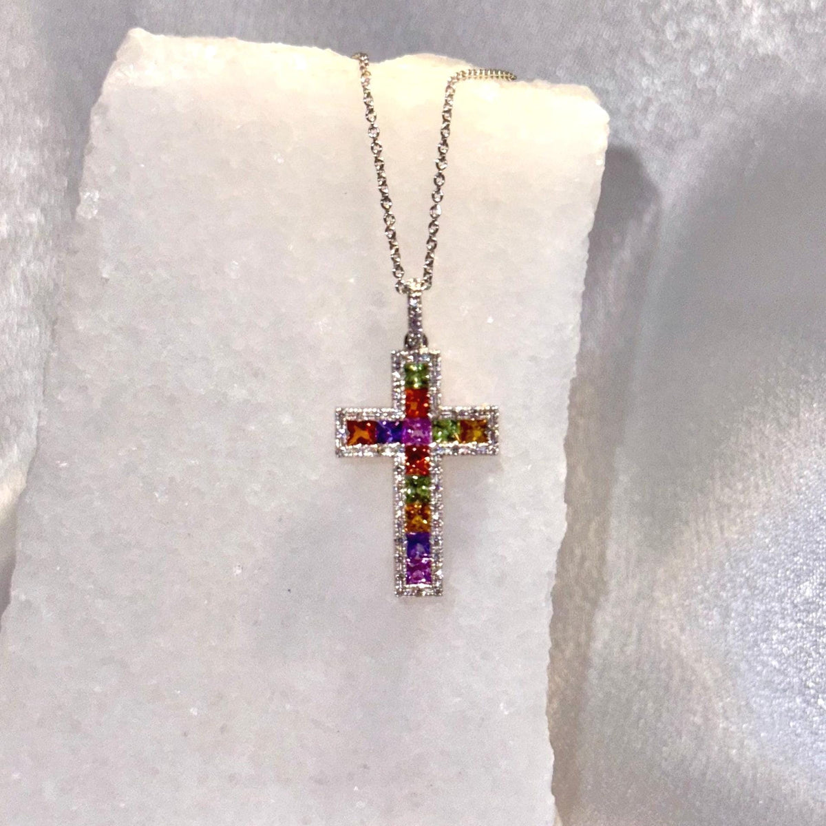 14k Solid Gold Rainbow Sapphire Diamond Cross Pendant, September Birthstone Jewelry