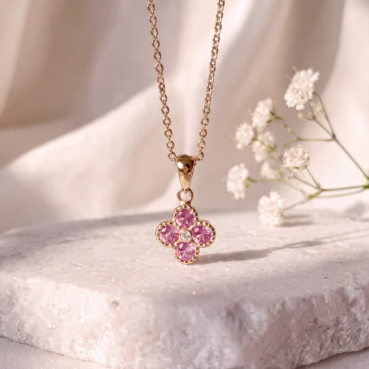 14k Solid Gold Pink Sapphire Diamond Clover Pendant, Mini, September Birthstone Jewelry