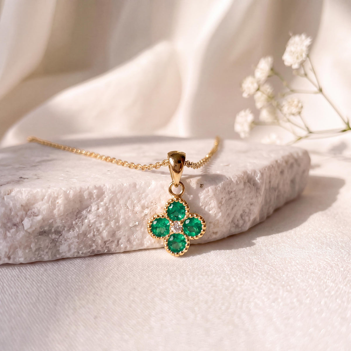 14k Solid Gold Emerald Diamond Clover Pendant, Mini, May Birthstone Jewelry