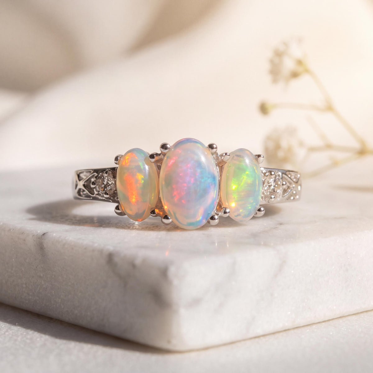 Genuine Trio Opal and Diamond Oval Ring, 14k Solid Gold, October Birthstone, Gift for Her