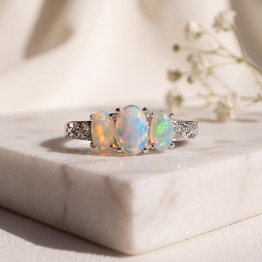 Genuine Trio Opal and Diamond Oval Ring, 14k Solid Gold, October Birthstone, Gift for Her