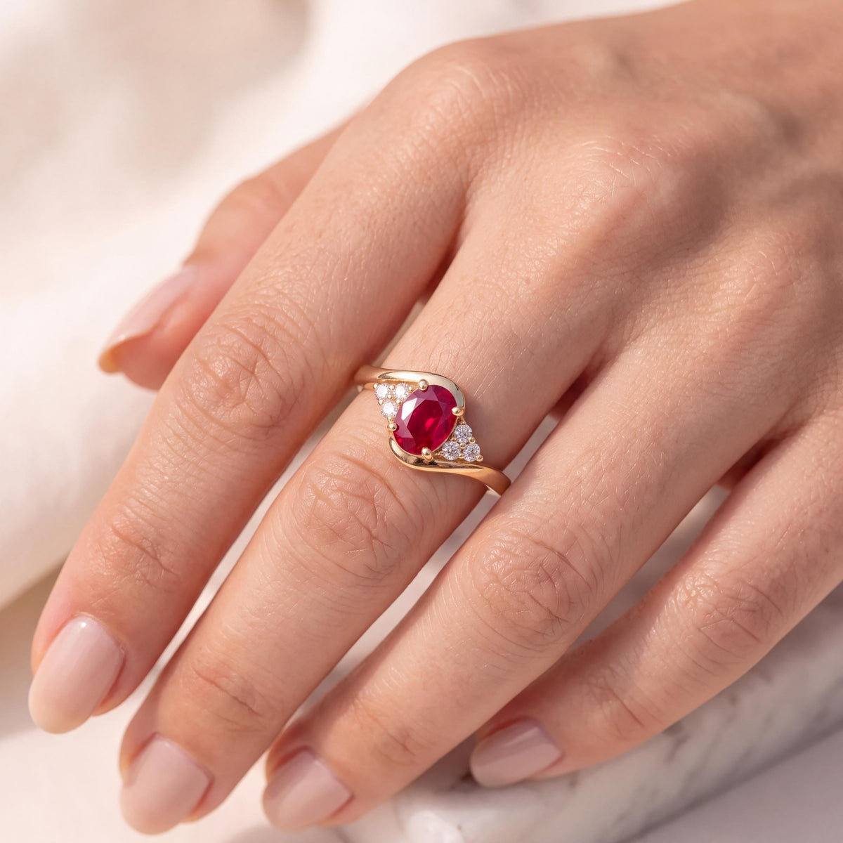 14k Solid Gold Oval Ruby Diamond Cluster Swirl Ring, July Birthstone, Handcrafted Jewelry