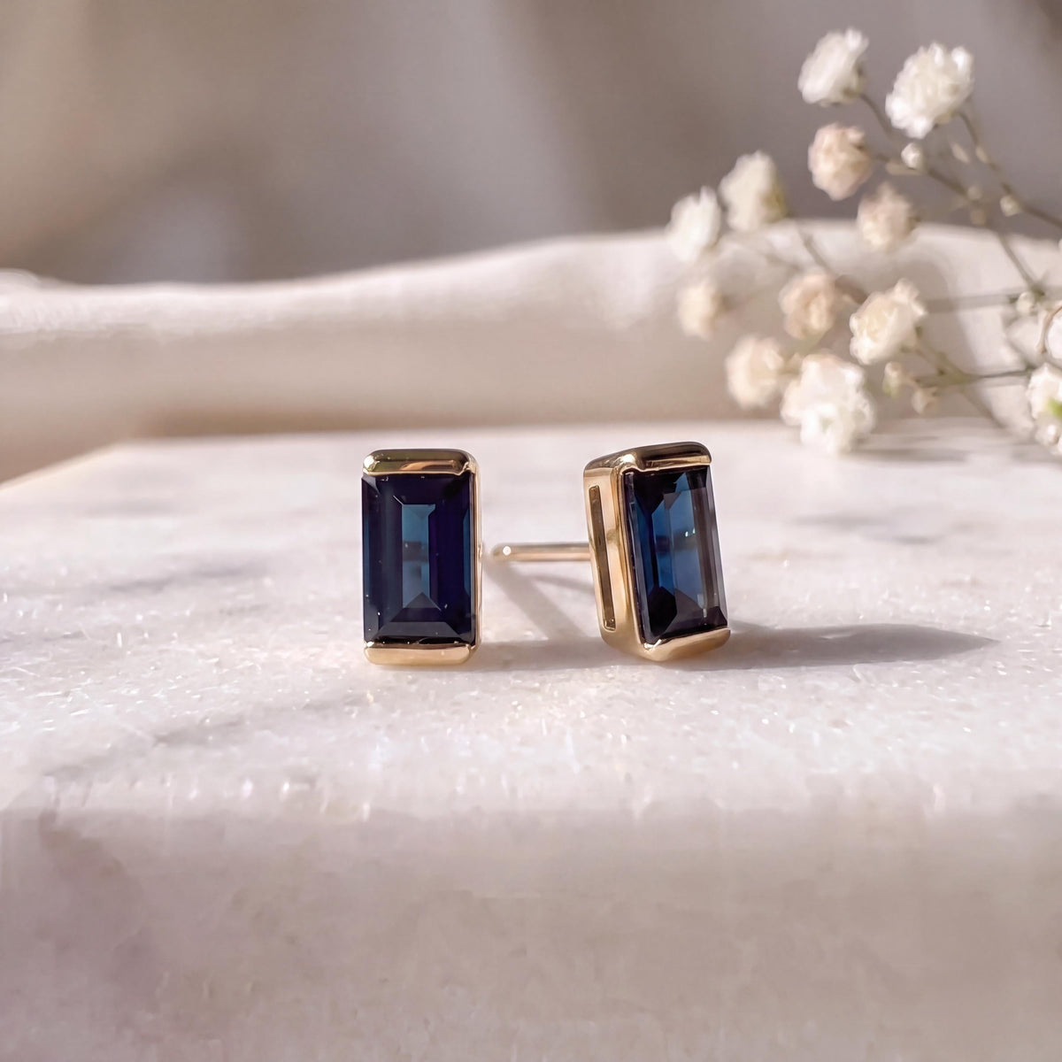 14k Solid Gold Baguette Sapphire Stud Earrings, September Birthstone Gift