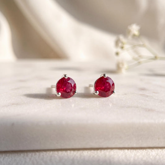 14k Solid Gold Ruby Stud Earrings, 4mm Round Cut, July Birthstone Gift