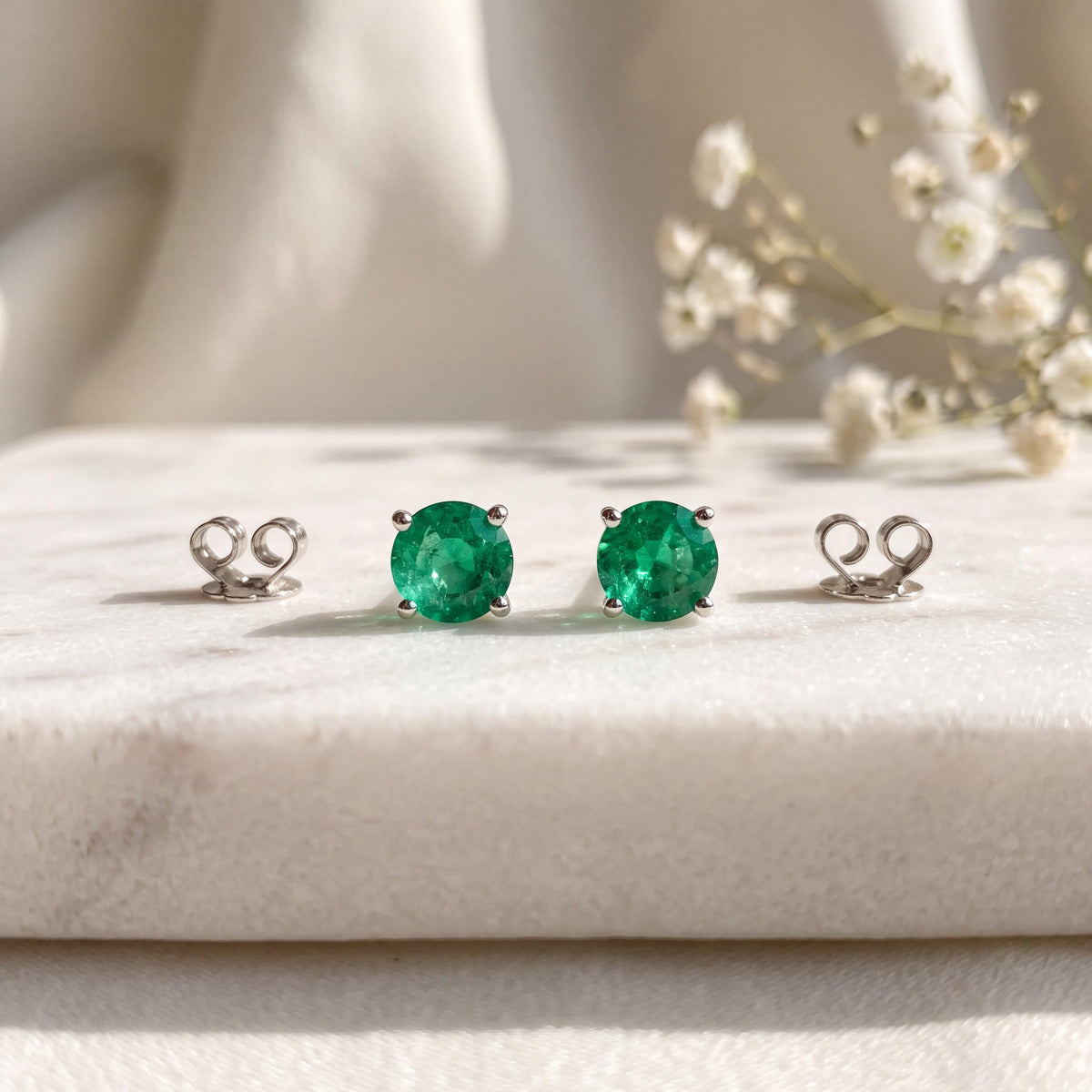 14k Solid Gold Round Cut 4mm Emerald Stud Earrings, May Birthstone Gift