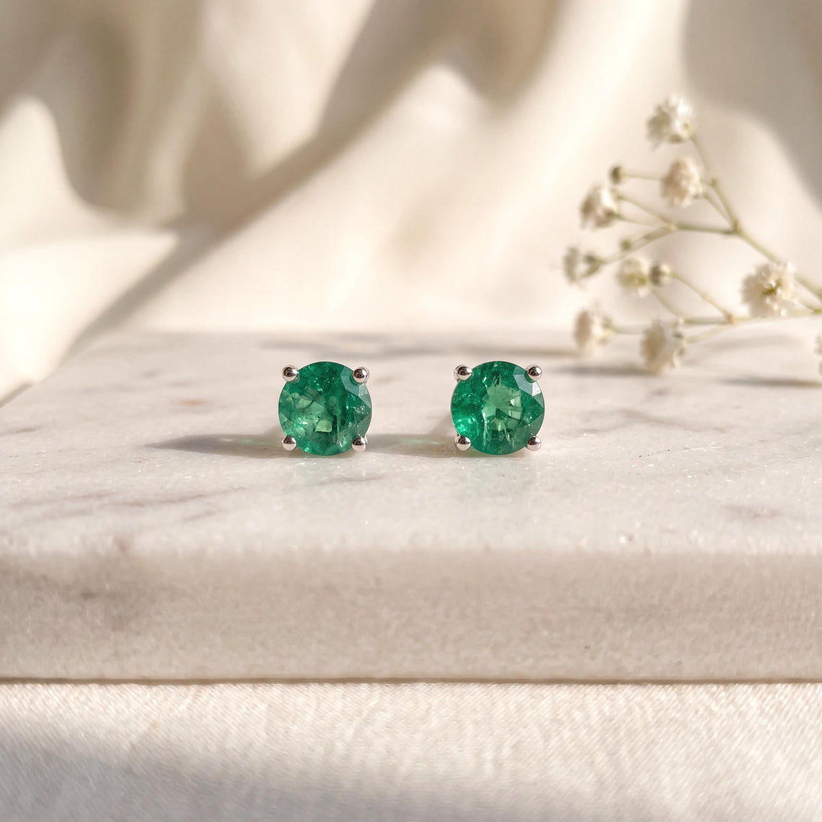 14k Solid Gold Round Cut 4mm Emerald Stud Earrings, May Birthstone Gift