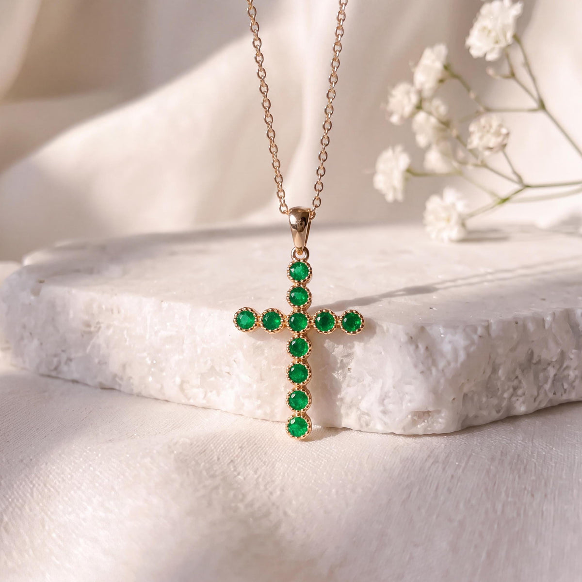 Genuine Emerald Cross Pendant, 14k Solid Yellow Gold, May Birthstone, Gift for Her