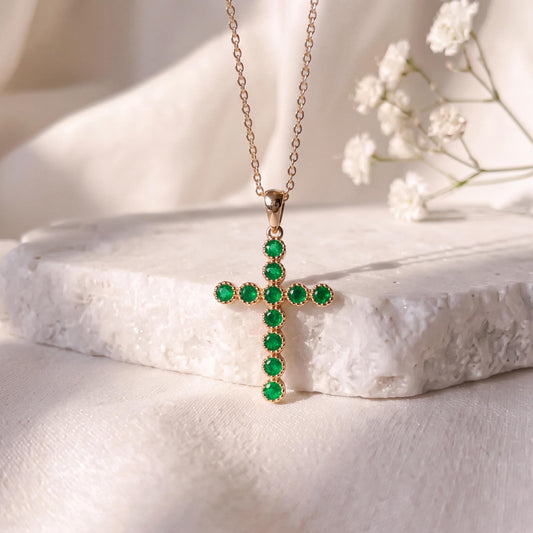 Genuine Emerald Cross Pendant, 14k Solid Yellow Gold, May Birthstone, Gift for Her
