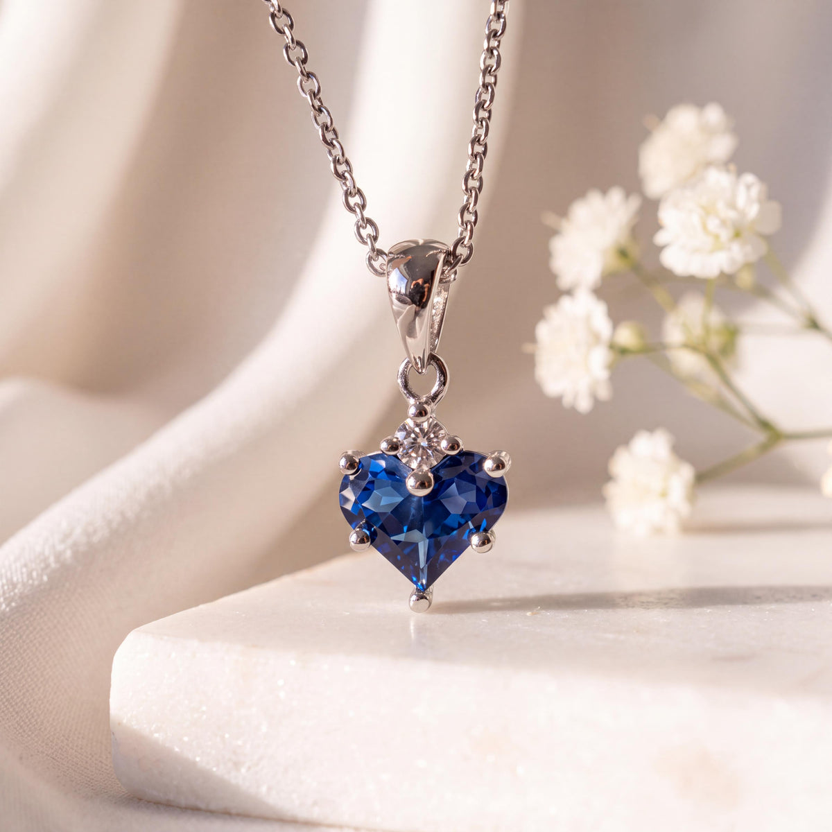 Genuine Sapphire and Diamond Heart Pendant, 14k Solid Gold, September Birthstone, Gift for Her