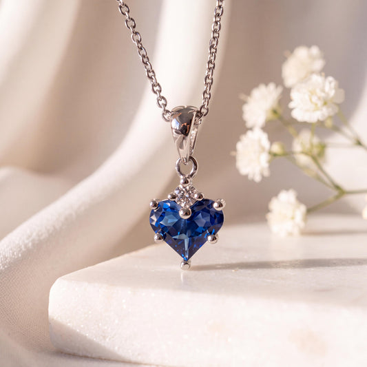 Genuine Sapphire and Diamond Heart Pendant, 14k Solid Gold, September Birthstone, Gift for Her