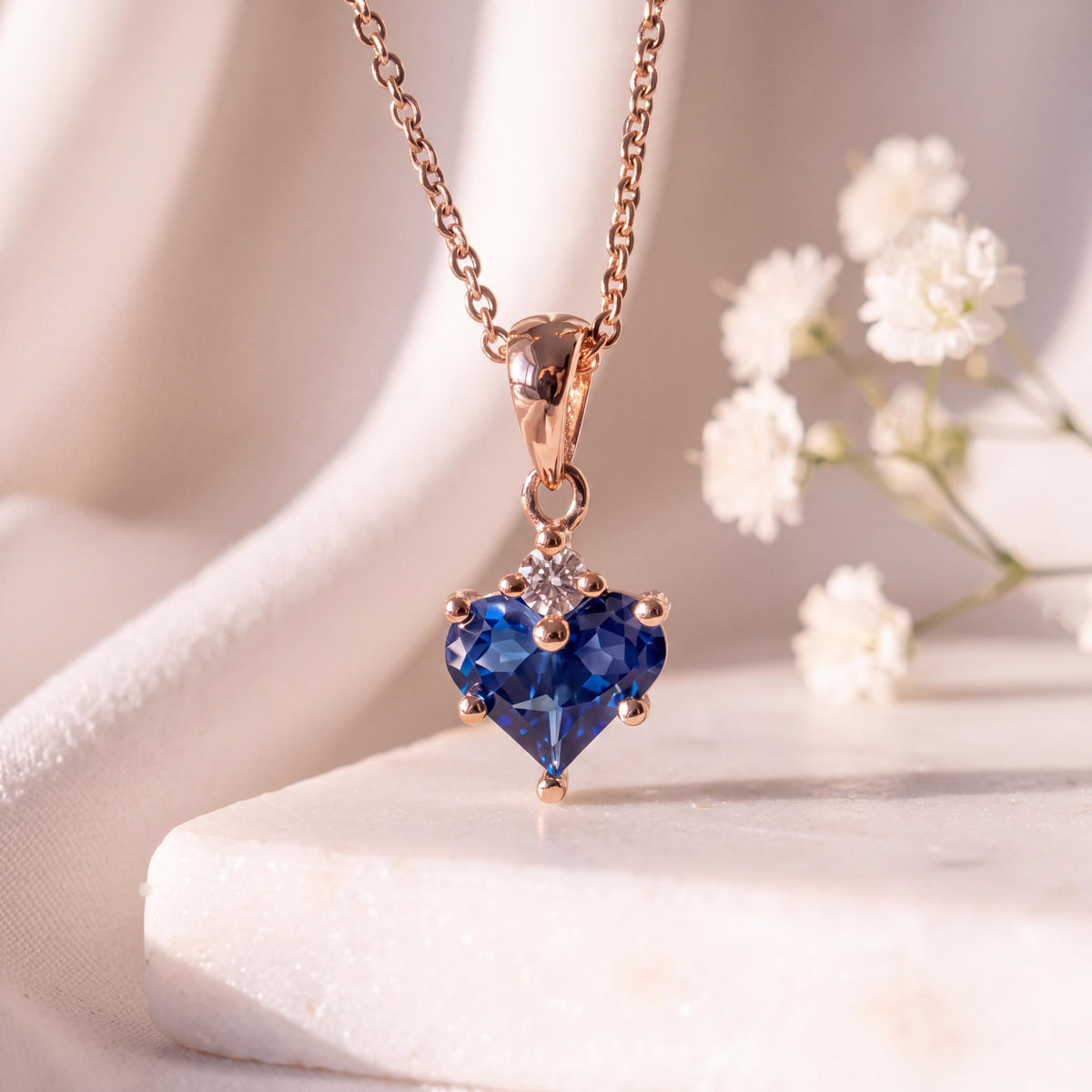 Genuine Sapphire and Diamond Heart Pendant, 14k Solid Gold, September Birthstone, Gift for Her