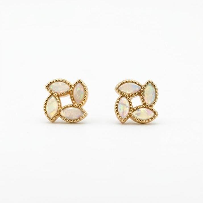 Genuine Opal Clover Stud Earrings, 18k Solid Yellow Gold, October Birthstone, Gift for Her