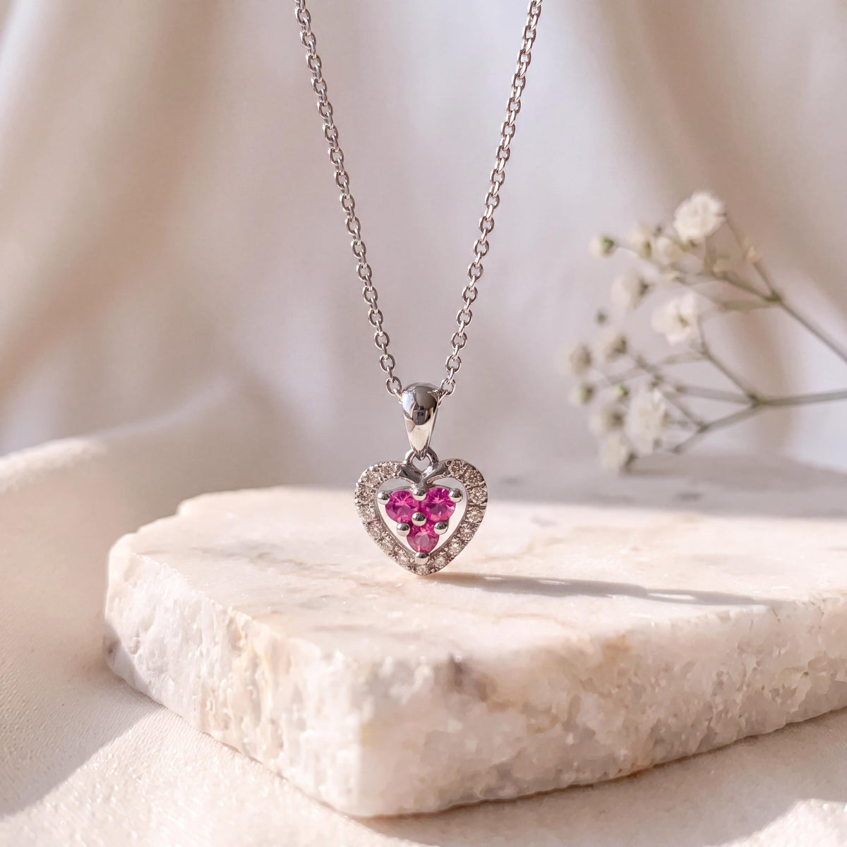 14k Gold Heart Pendant, Pink Sapphire & Diamond Halo, September Birthstone Gift