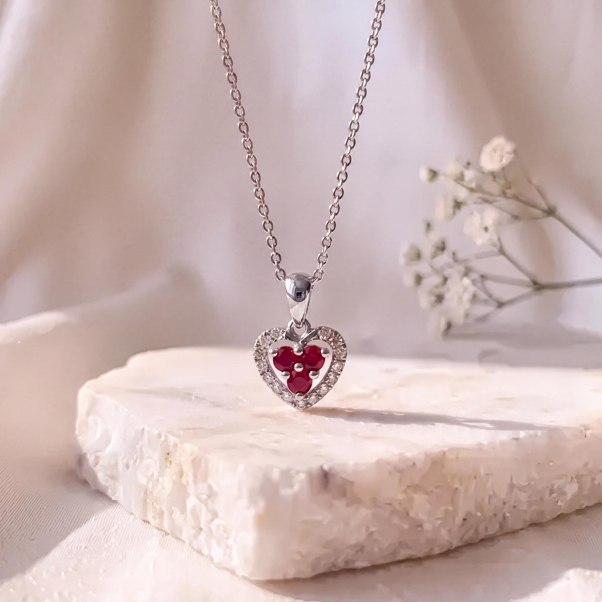 Genuine Ruby and Diamond Dainty Heart Halo Pendant, 14k Solid Gold, July Birthstone, Gift for Her