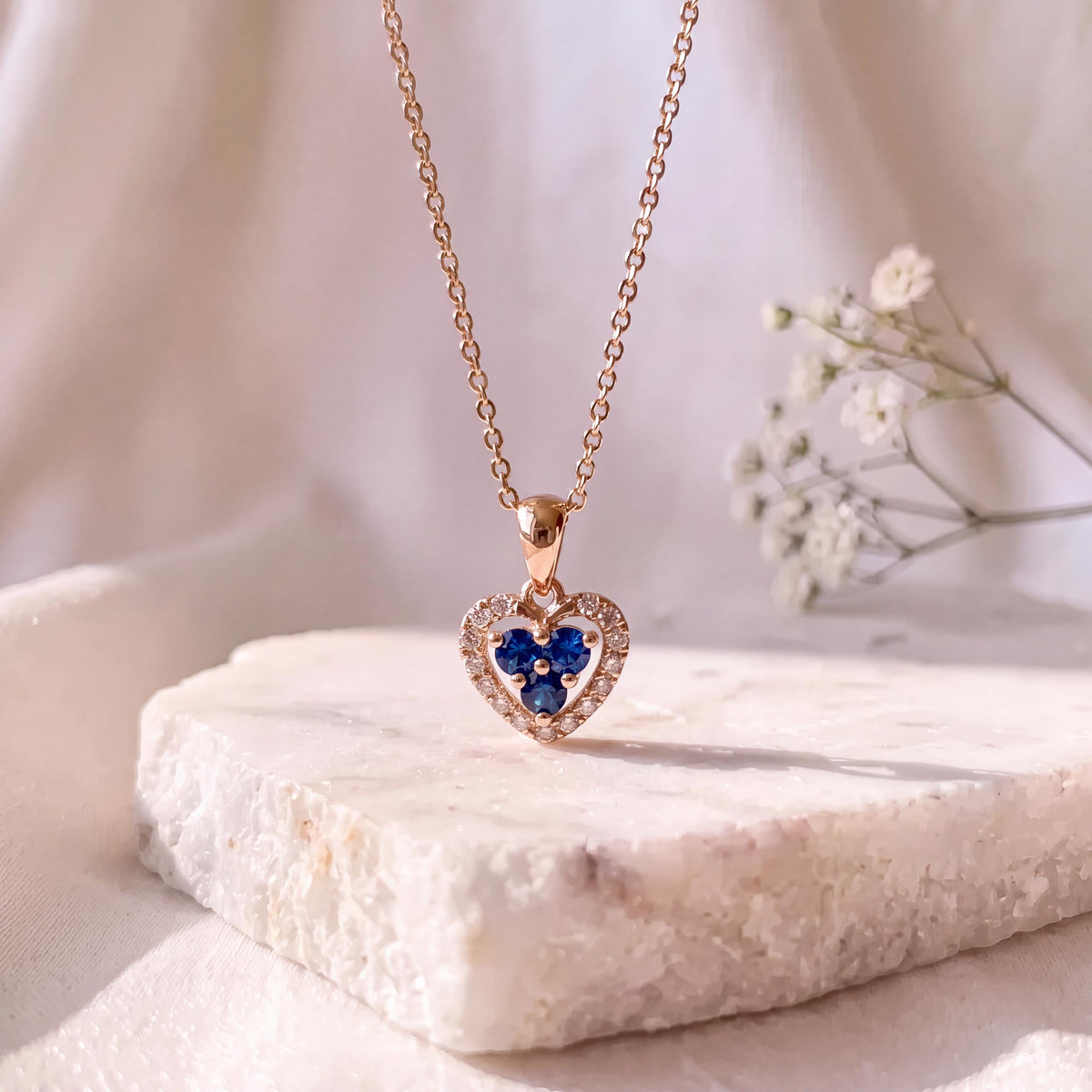 Genuine Sapphire and Diamond Dainty Heart Halo Pendant, 14k Solid Yellow Gold, September Birthstone, Gift for Her
