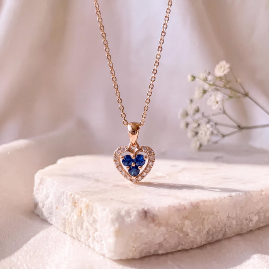 Genuine Sapphire and Diamond Dainty Heart Halo Pendant, 14k Solid Yellow Gold, September Birthstone, Gift for Her