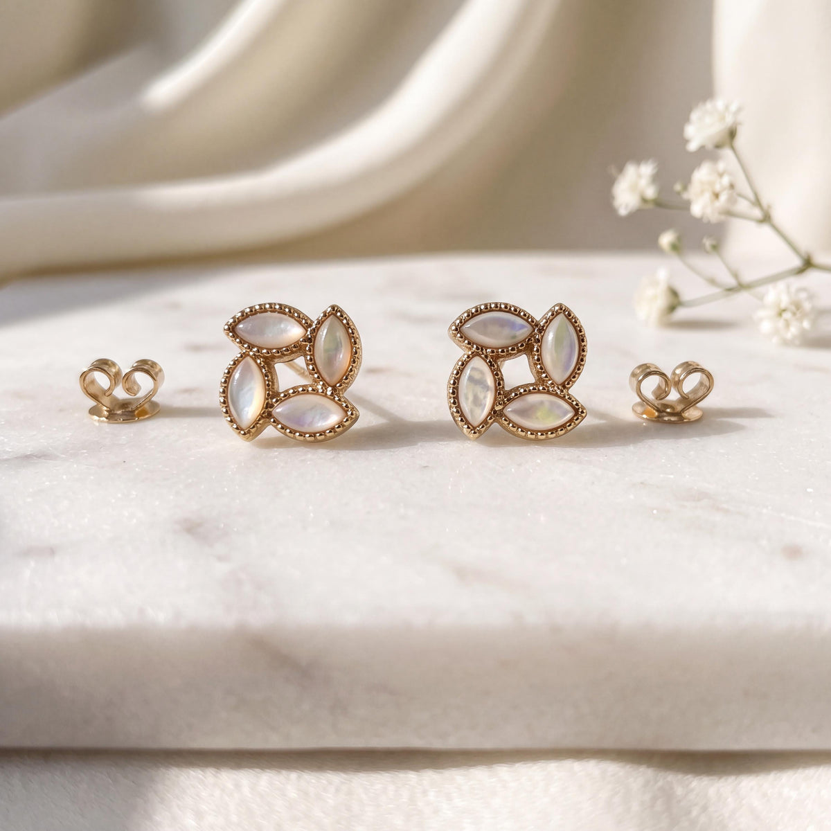 Genuine Opal Clover Stud Earrings, 18k Solid Yellow Gold, October Birthstone, Gift for Her