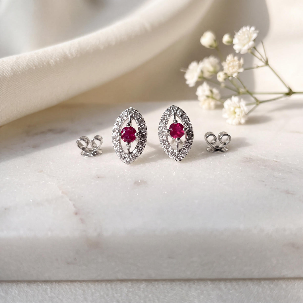 14k White Gold Ruby Diamond Marquise Halo Stud Earrings, July Birthstone