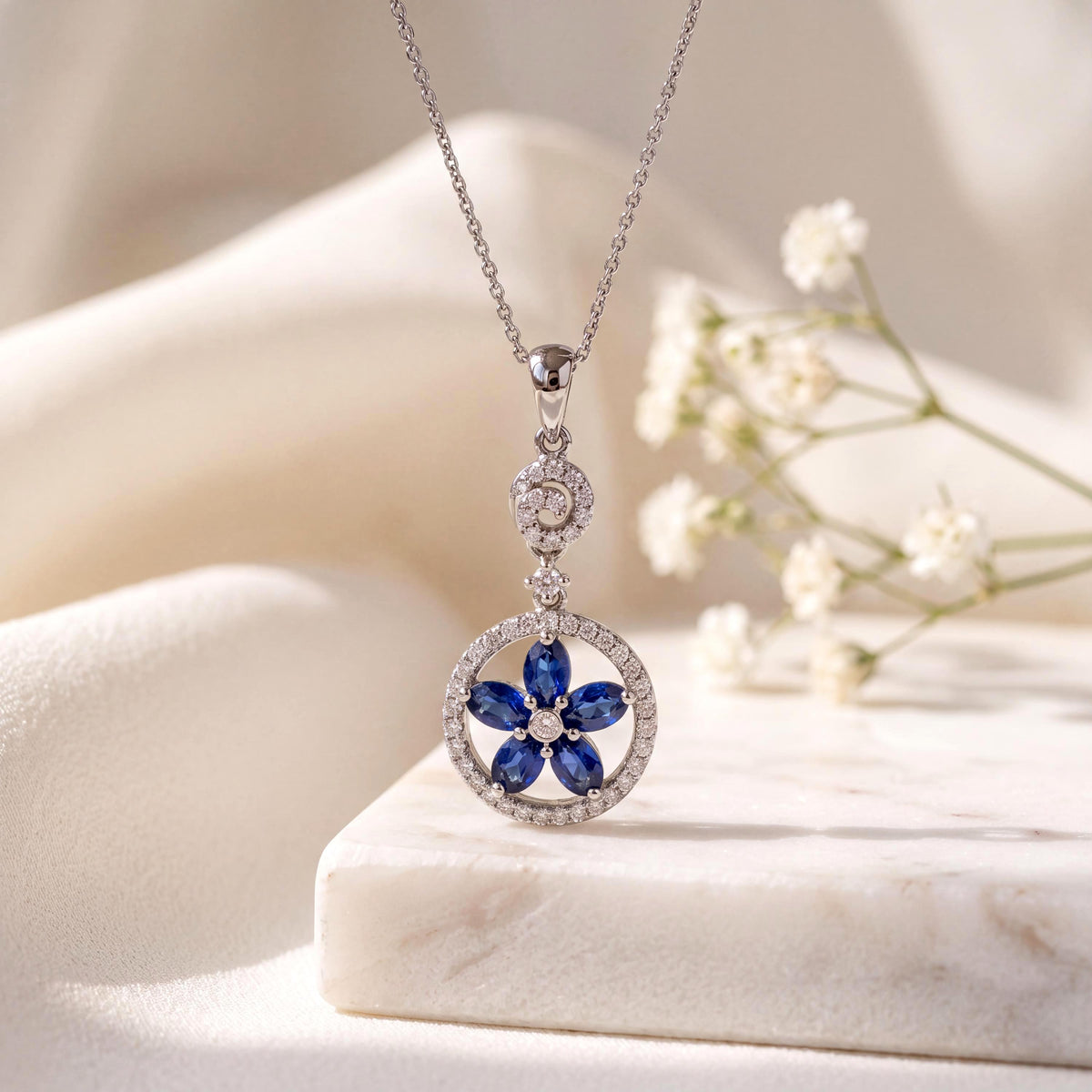 18k White Gold Sapphire Diamond Flower Halo Pendant, September Birthstone Gift