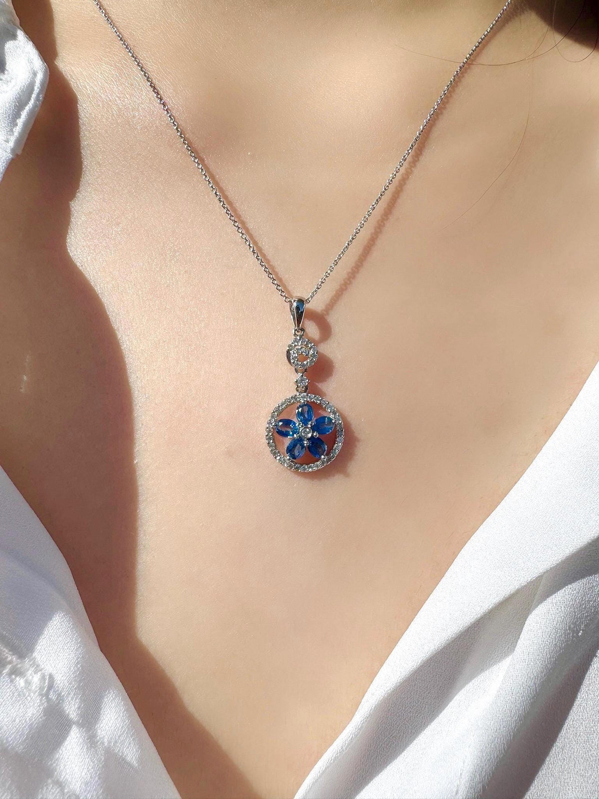 18k White Gold Sapphire Diamond Flower Halo Pendant, September Birthstone Gift