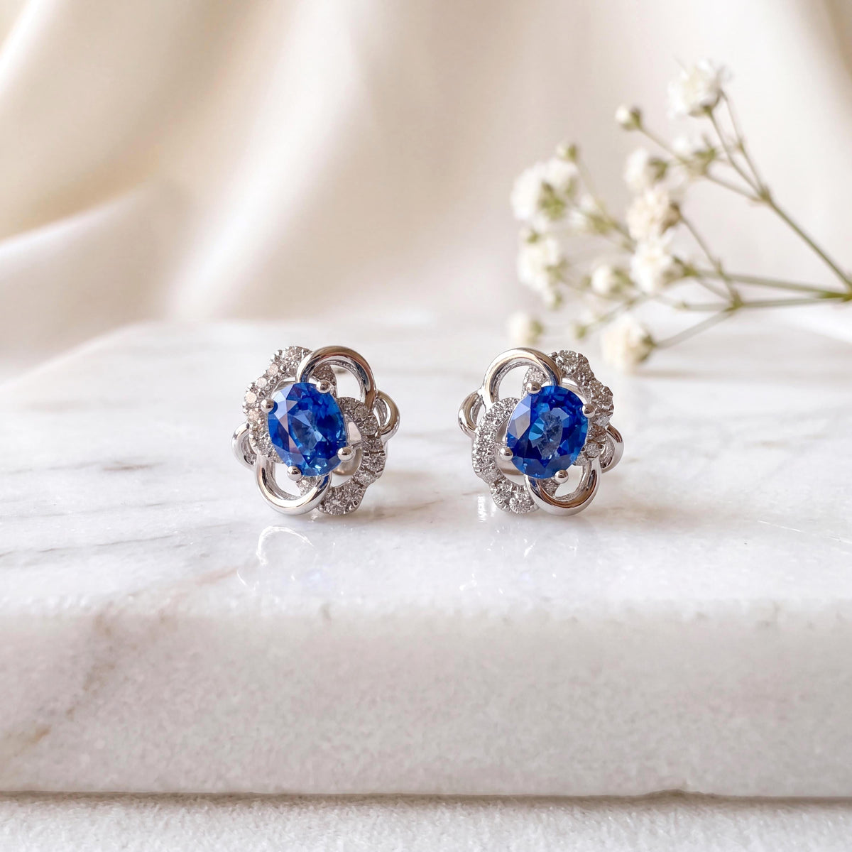 18k White Gold Oval Sapphire Diamond Flower Stud Earrings, September Birthstone Gift