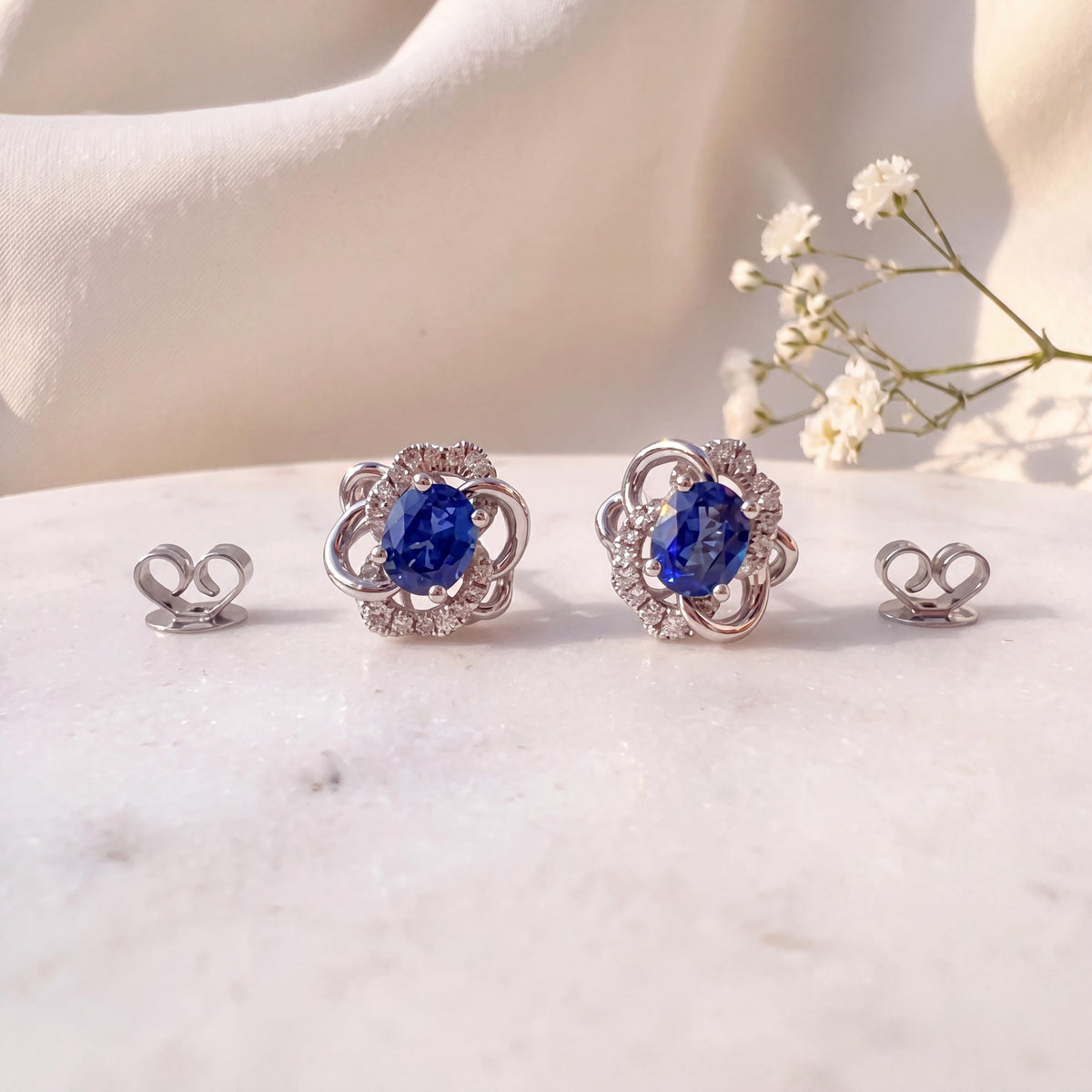 18k White Gold Oval Sapphire Diamond Flower Stud Earrings, September Birthstone Gift
