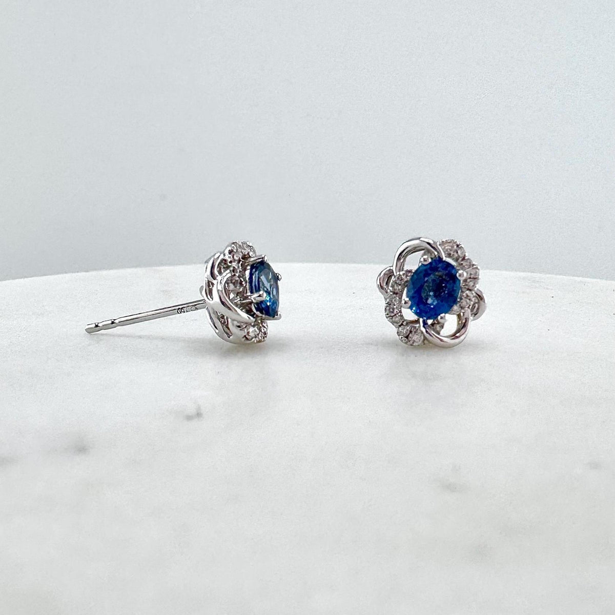 18k White Gold Oval Sapphire Diamond Flower Stud Earrings, September Birthstone Gift