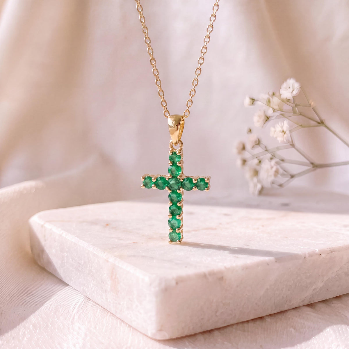 Genuine Emerald Cross Pendant (Medium) | 14k Solid Gold