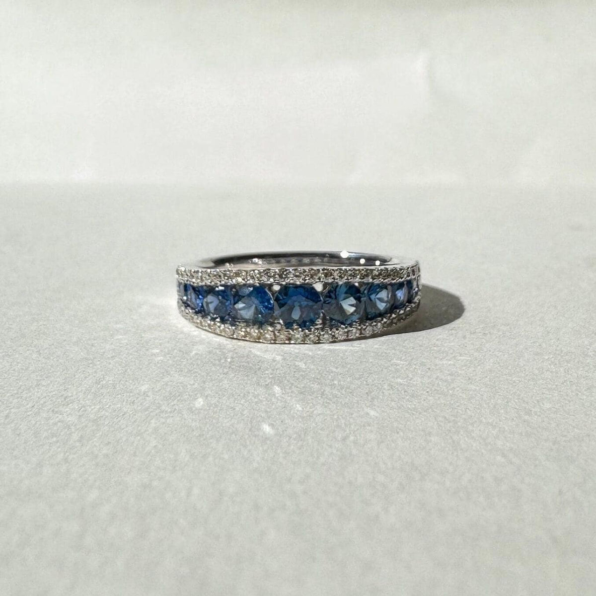 14k Solid White Gold Half Eternity Ring, Round Sapphire & Diamonds, September Birthstone Gift